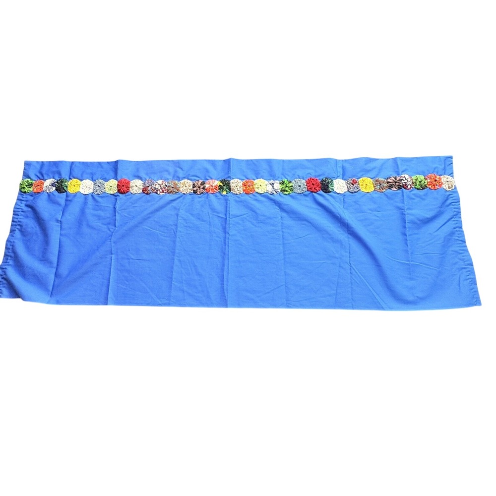 Handmade Blue Table Runner 53x17 Boho Retro Raised Fabric Flower Trim Cottage